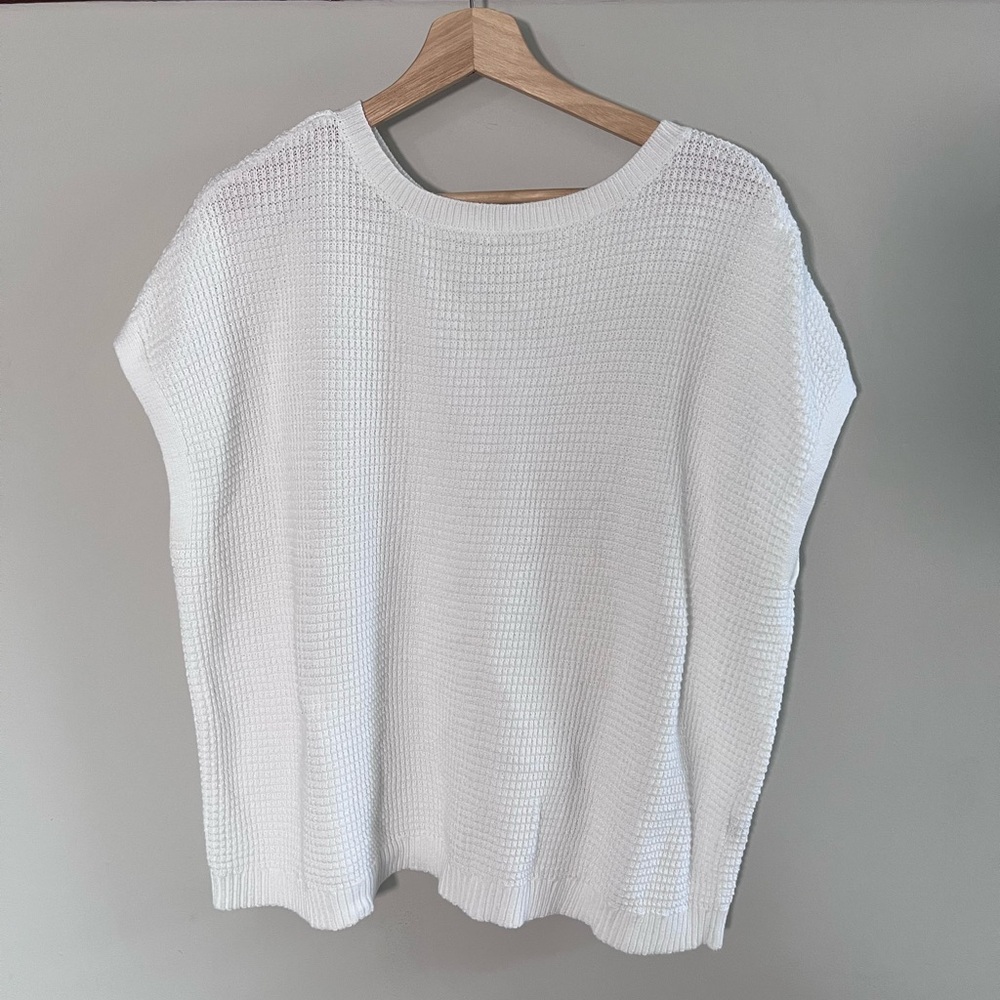 CJ Banks White Textured Oversized Short Sleeve Sweater Button Back